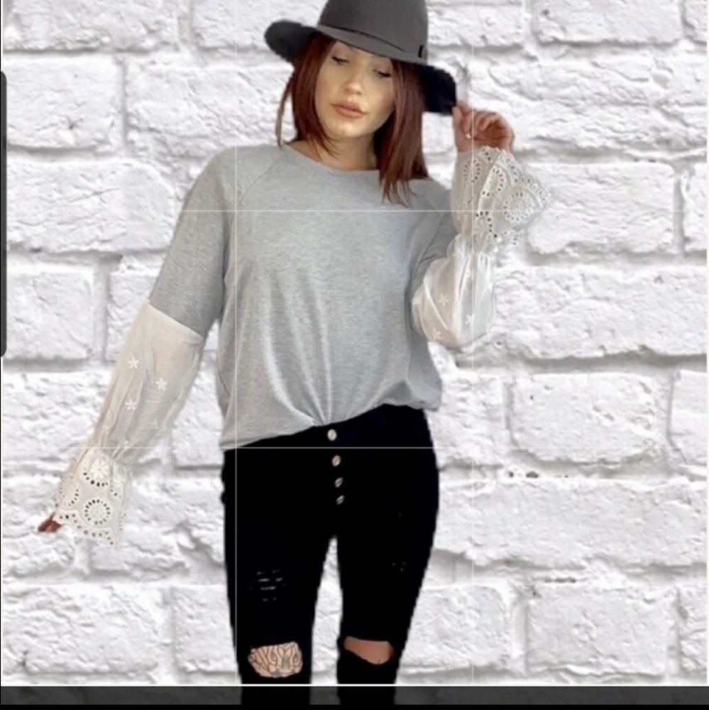 Hugh SALE sweatshirt styled women's top but additional feminine pop eyelet sleev